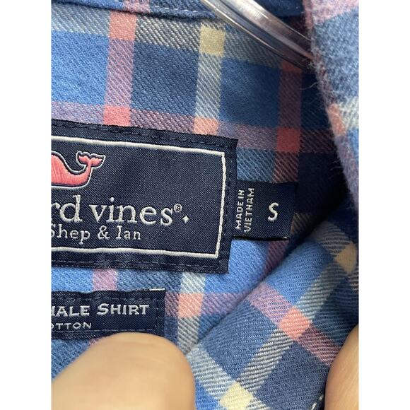Vineyard Vines Shirt Mens Small Blue Pink Whale Plaid Cotton Button Up Slim Fit - Picture 5 of 10